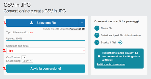 Come convertire CSV file online in JPG