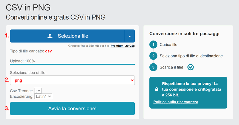 Convertire CSV in PNG gratis online - senza registrazione