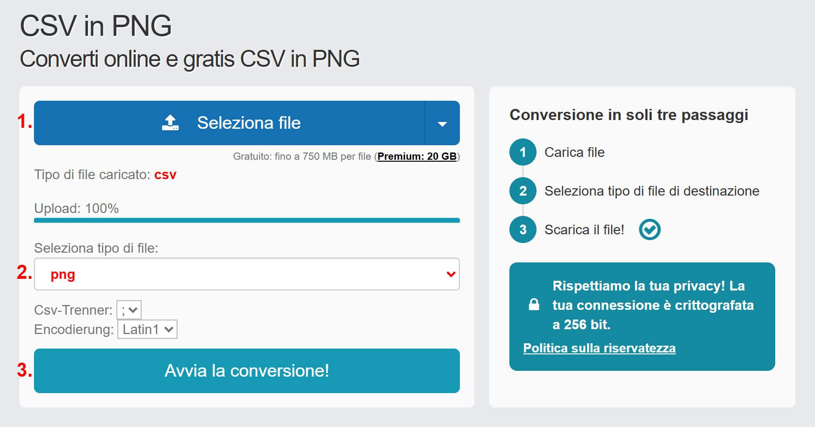 Convertire CSV in PNG gratis online - senza registrazione