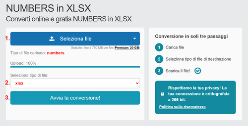 Come convertire NUMBERS file online in XLSX