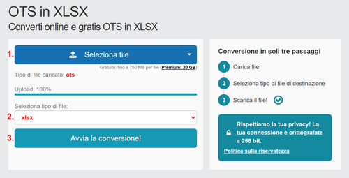 Come convertire OTS file online in XLSX
