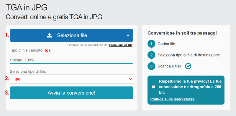 Convertire TGA in JPG gratis online - senza registrazione
